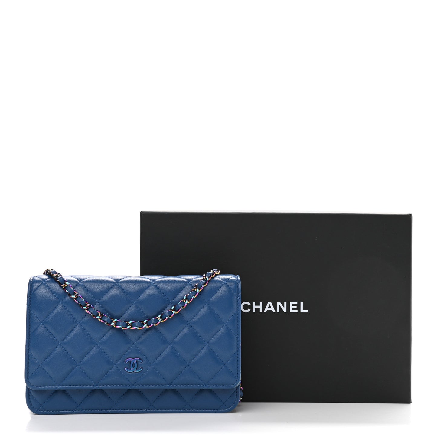 Lambskin Quilted Wallet On Chain WOC Dark Blue Pink