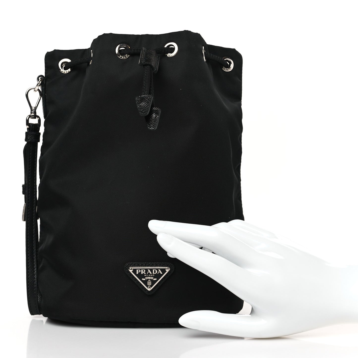 Saffiano Tessuto Nylon Vela Bucket Wristlet Black