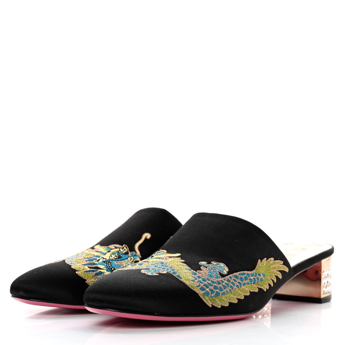 Satin Dragon Embroidered Candy Mules 41 Black