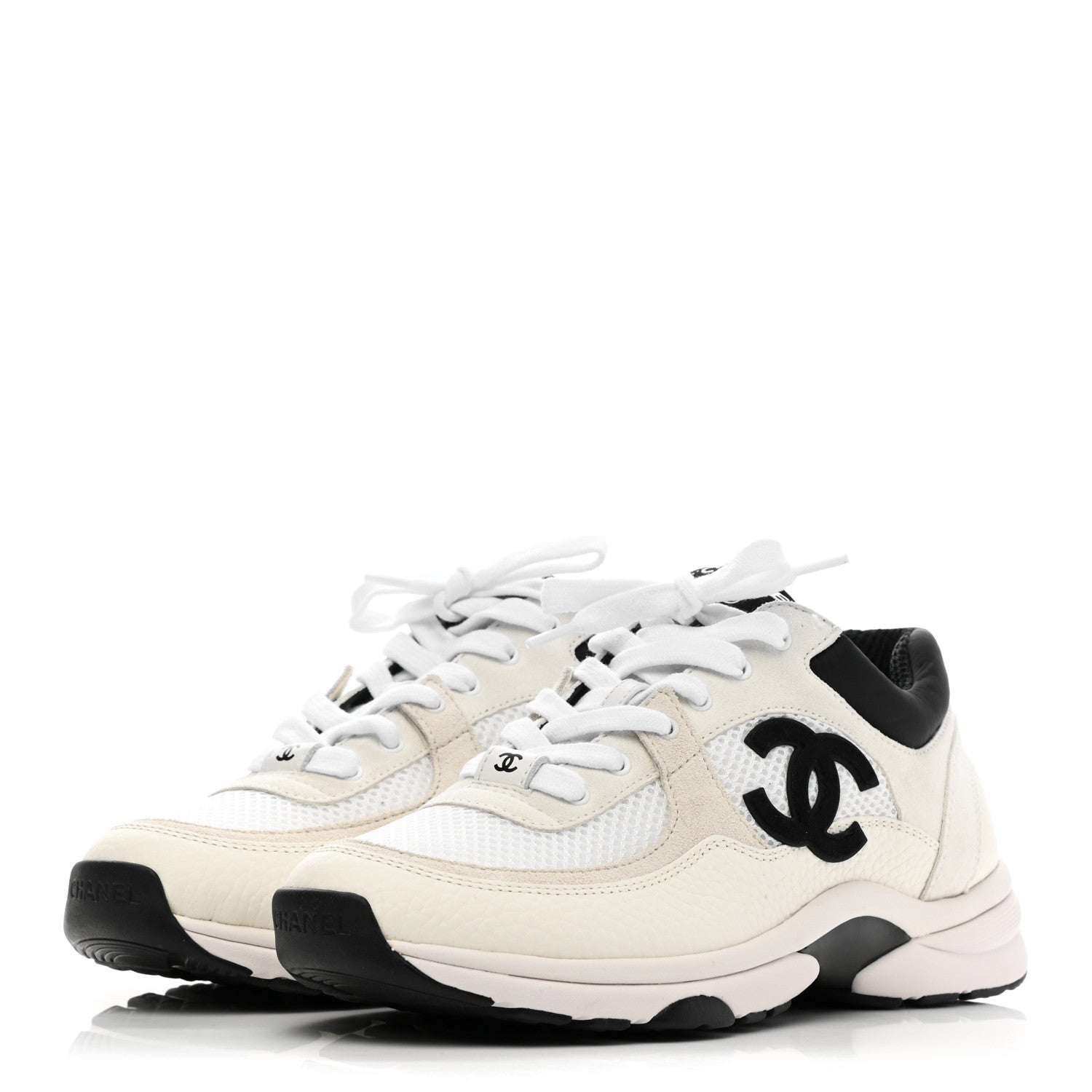 Chanel Mesh Suede Calfskin Grained Calfskin Womens CC Sneakers 38 White Black 3 of 8