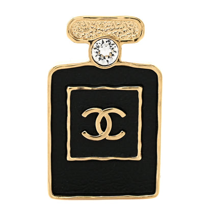 Chanel Metal Calfskin Crystal Perfume Bottle CC Brooch Gold Black 1 of 4
