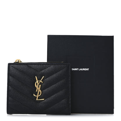 Saint Laurent Grain De Poudre Matelasse Chevron Monogram Zipped Card Case Black 9 of 9