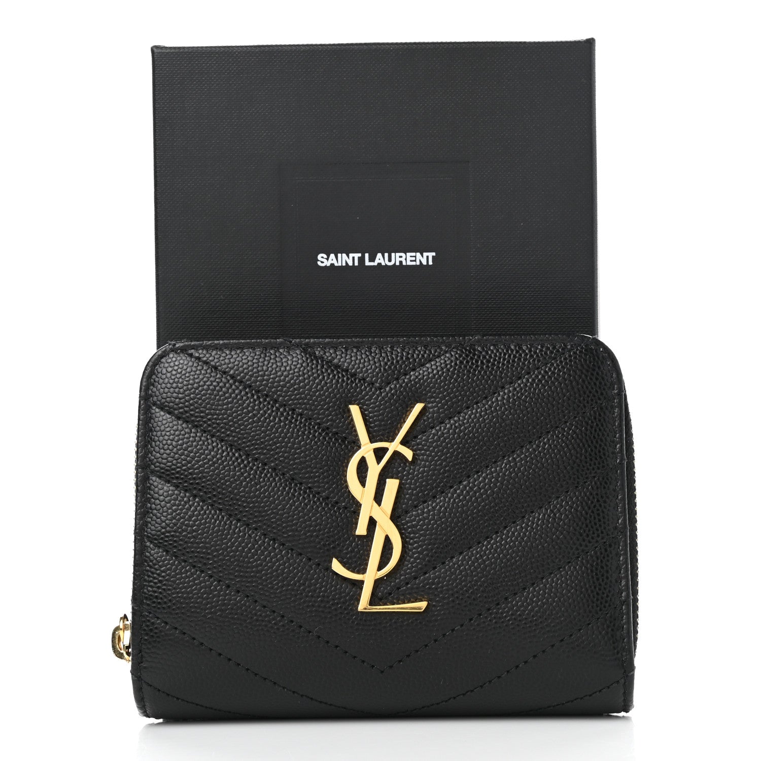 Saint Laurent Grain De Poudre Matelasse Chevron Monogram Compact Zip Around Wallet Black 9 of 9