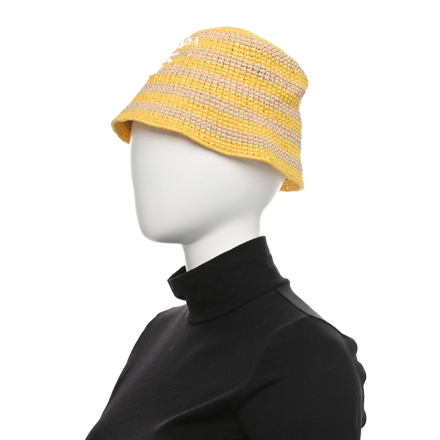 Raffia Striped Logo Embroidered Womens Bucket Hat M Naturale Giallo