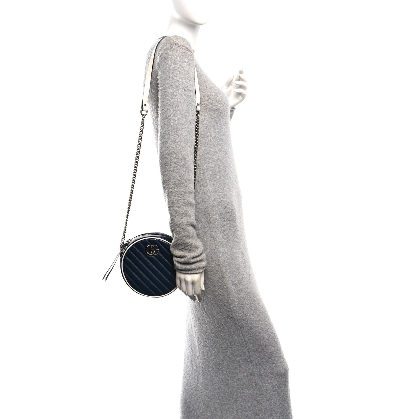 Azalea Calfskin Matelasse Diagonal Mini Torchon GG Marmont Round Shoulder Bag Blue Agata Mystic White