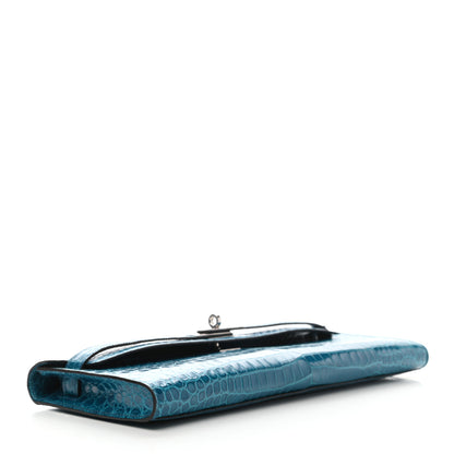 Hermes Shiny Porosus Crocodile Kelly Cut Pochette Bleu Izmir 3 of 7