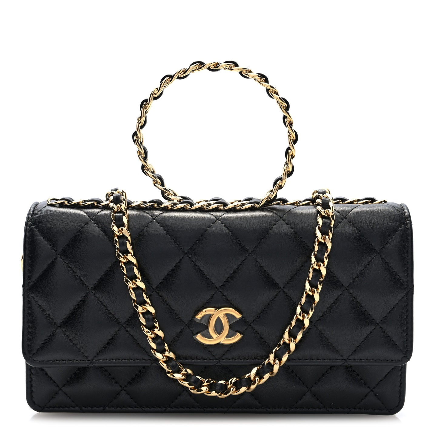 Lambskin Quilted Round Top Handle Flap Phone Holder With Chain Black