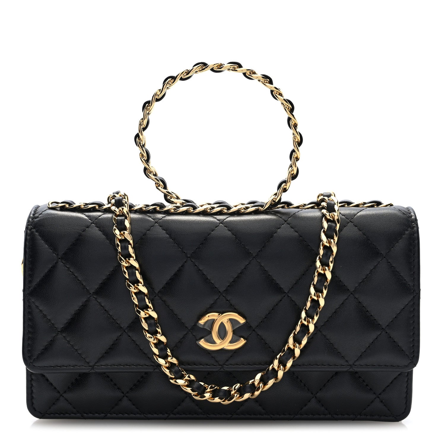 Chanel Lambskin Quilted Round Top Handle Flap Phone Holder With Chain Black 1 of 10