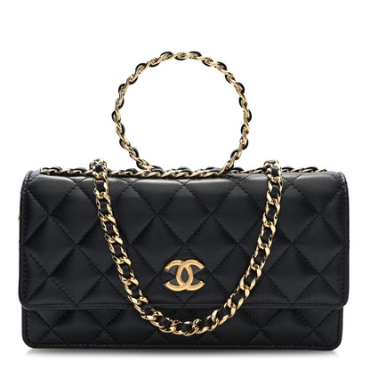 Chanel Lambskin Quilted Round Top Handle Flap Phone Holder With Chain Black 1 of 10