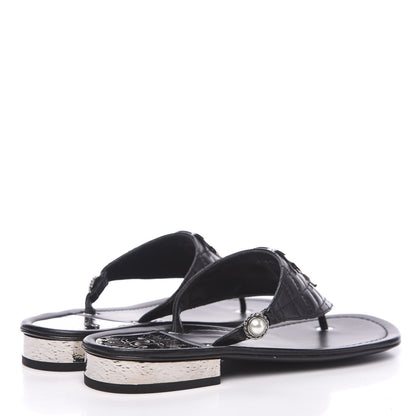 Chanel Lambskin Quilted Pearl CC Logo Thong Sandals 37 Black 4 of 9