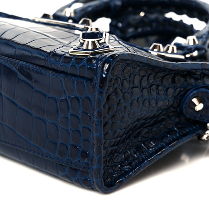 Balenciaga Shiny Supple Calfskin Crocodile Embossed Silver Metallic Edge Hardware Mini City Navy 11 of 11