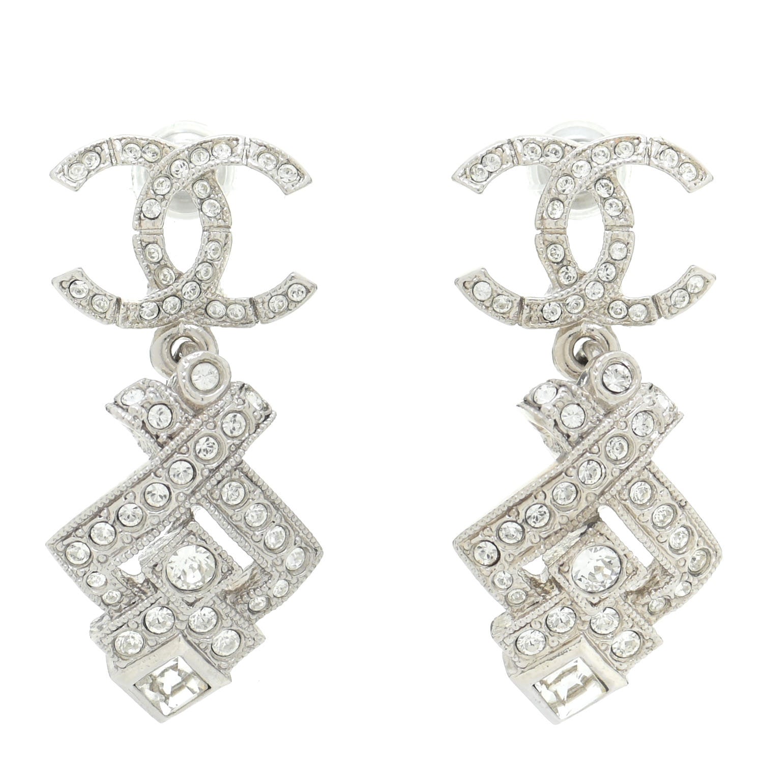 Chanel Crystal CC Drop Earrings Silver 1 of 5