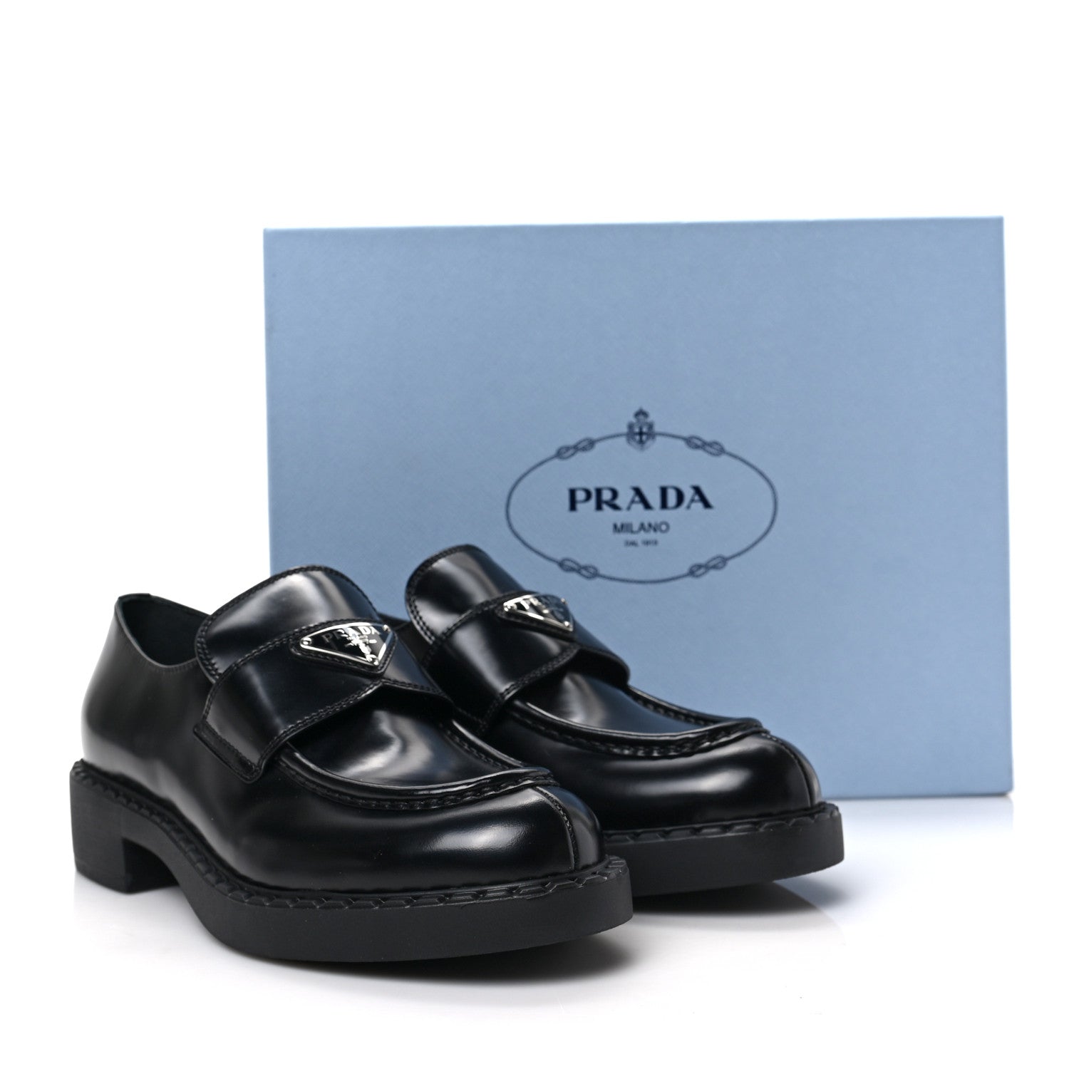 Prada Spazzolato Metal Triangle Logo 50mm Loafers 39.5 Black 8 of 8