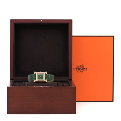 Hermes 18K Rose Gold Alligator Diamond Bezel Malachite 21mm Heure H Hour Quartz Watch Vert Moyen 5 of 5