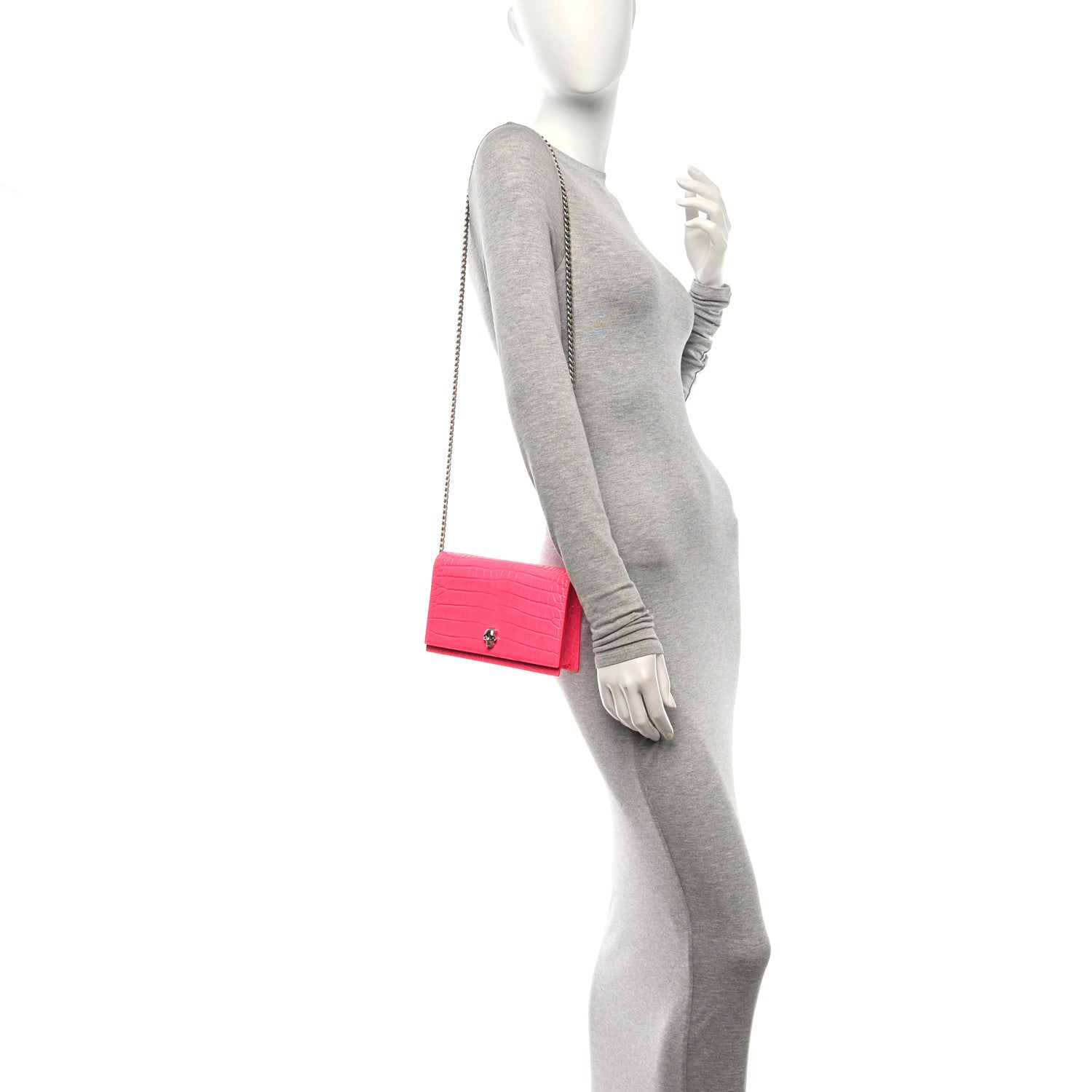 Alexander McQueen Calfskin Crocodile Embossed Skull Mini Crossbody Bag Neon Pink 2 of 10