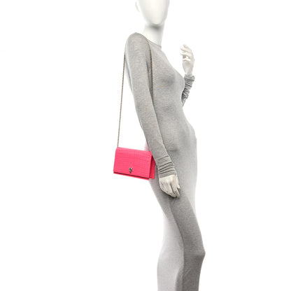Alexander McQueen Calfskin Crocodile Embossed Skull Mini Crossbody Bag Neon Pink 2 of 10