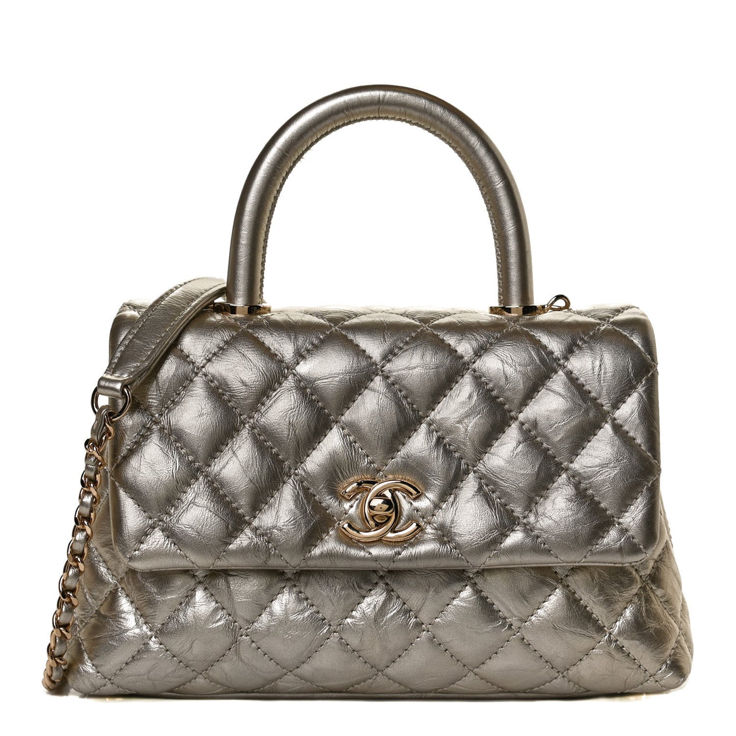 Metallic Aged Calfskin Quilted Mini Coco Handle Flap Gold