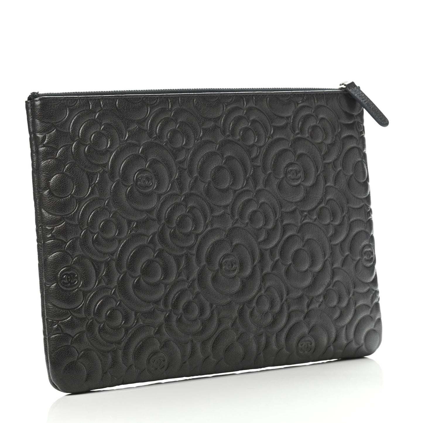 Goatskin Camellia Embossed Medium Cosmetic Case Dark Grey