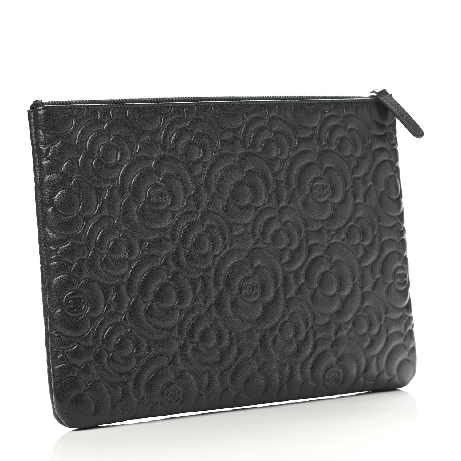 Chanel Goatskin Camellia Embossed Medium Cosmetic Case Dark Grey 2 of 4