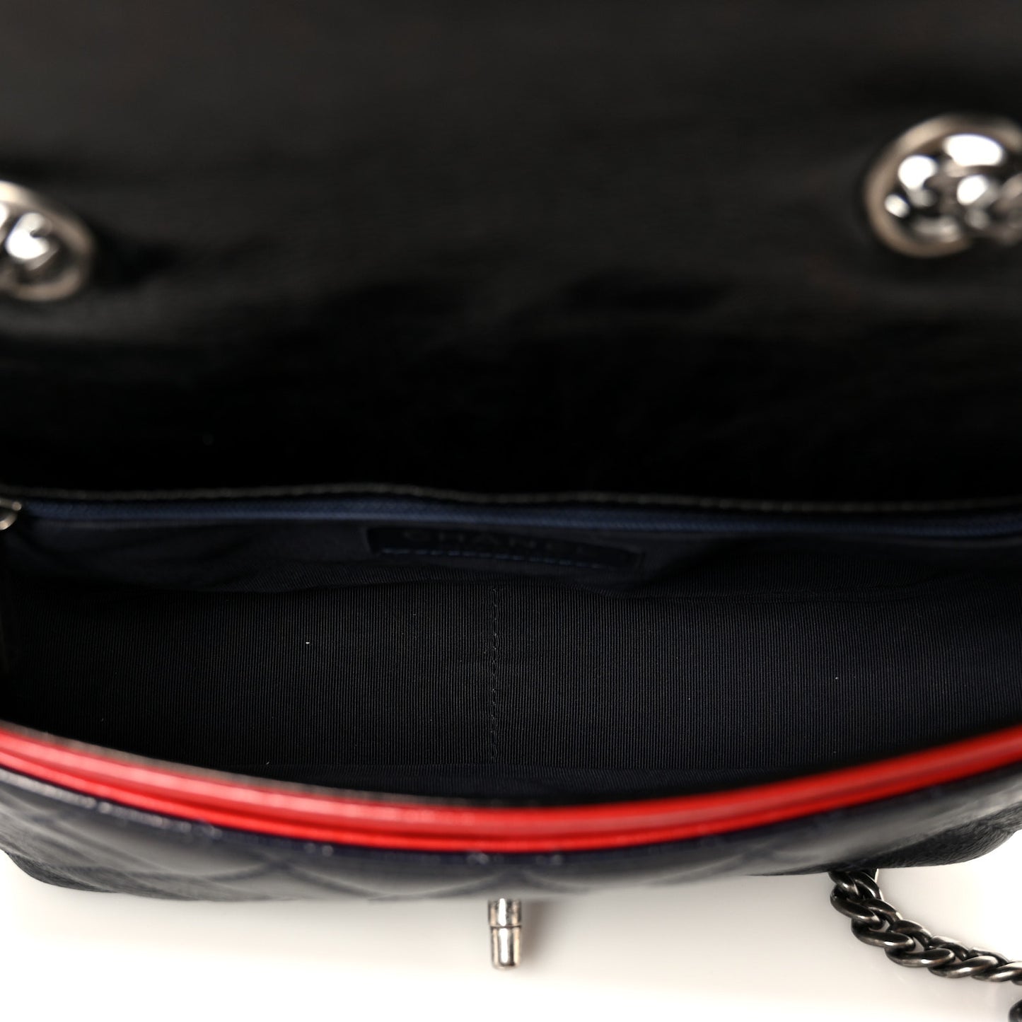Shiny Goatskin Quilted Tri-Color Flap Black Red Navy