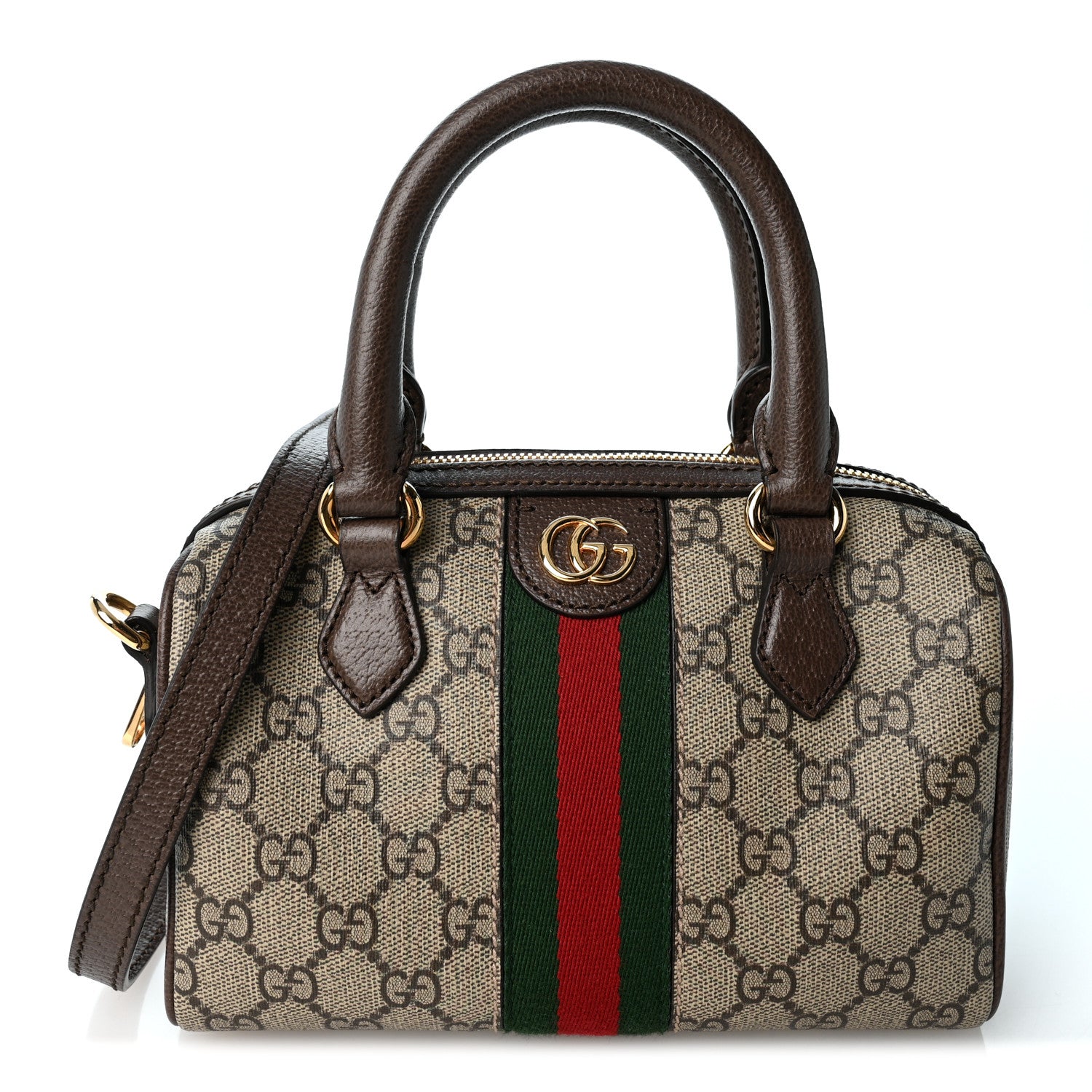 Gucci GG Supreme Monogram Textured Dollar Calfskin Web Mini Ophidia Top Handle Bag Beige Ebony New Acero 1 of 10
