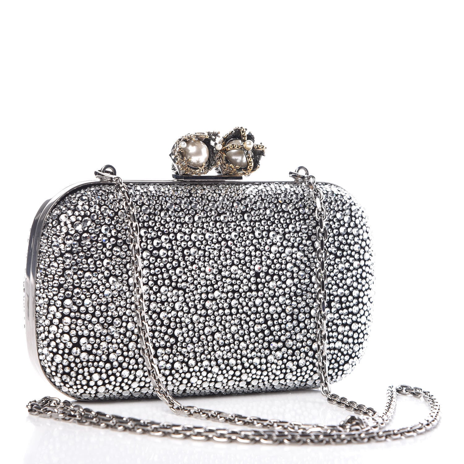 Alexander McQueen Crystal Nappa Queen and King Skull Box Chain Clutch Black Silver 3 of 13