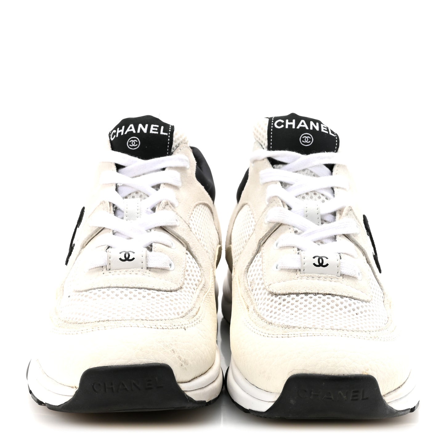 Mesh Suede Calfskin Grained Calfskin Womens CC Sneakers 38.5 White Black