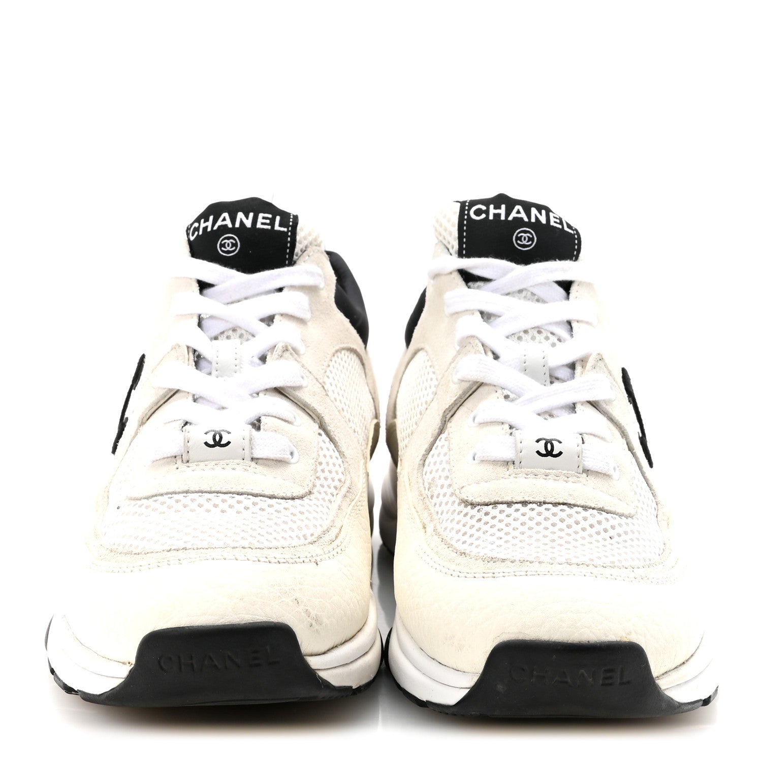 Chanel Mesh Suede Calfskin Grained Calfskin Womens CC Sneakers 38.5 White Black 3 of 9