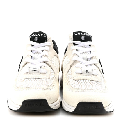 Chanel Mesh Suede Calfskin Grained Calfskin Womens CC Sneakers 38.5 White Black 3 of 9