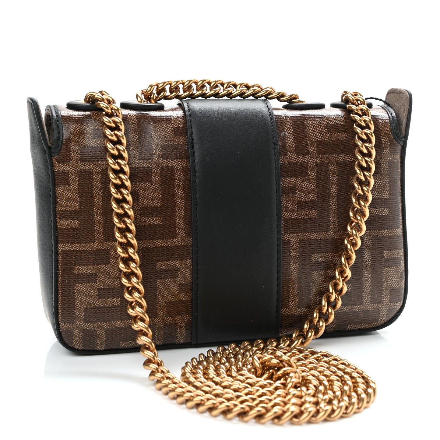 Glazed Fabric Vitello Century FF 1974 Stamp Patch Mini Double F Crossbody Bag Mogano Panna Black