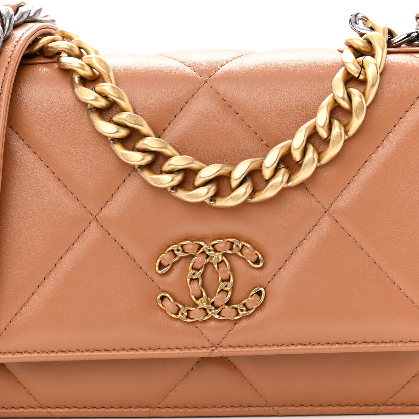 Lambskin Quilted Chanel 19 Wallet On Chain WOC Brown