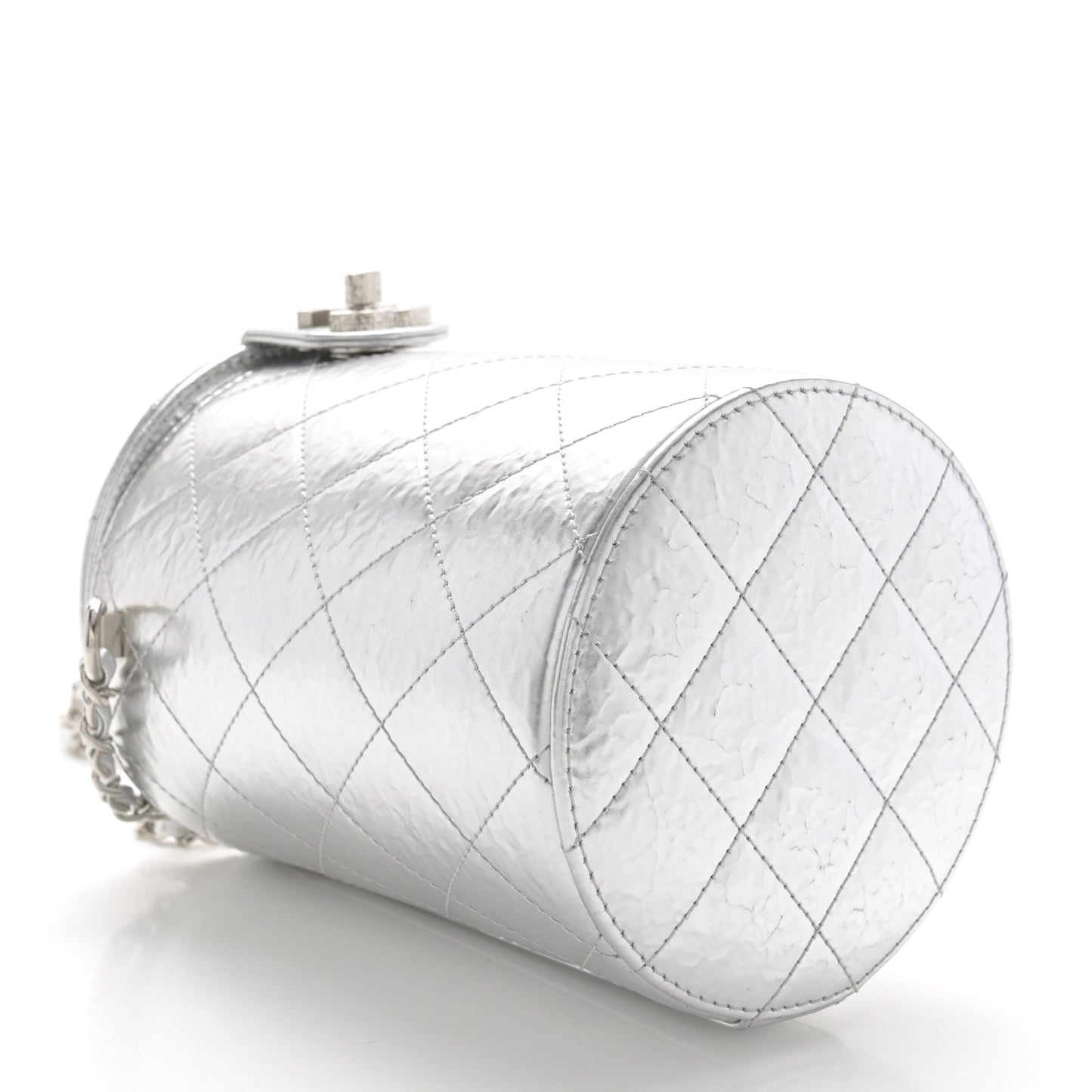 Hammered Metallic Calfskin Quilted Vanity Clutch With Chain Silver