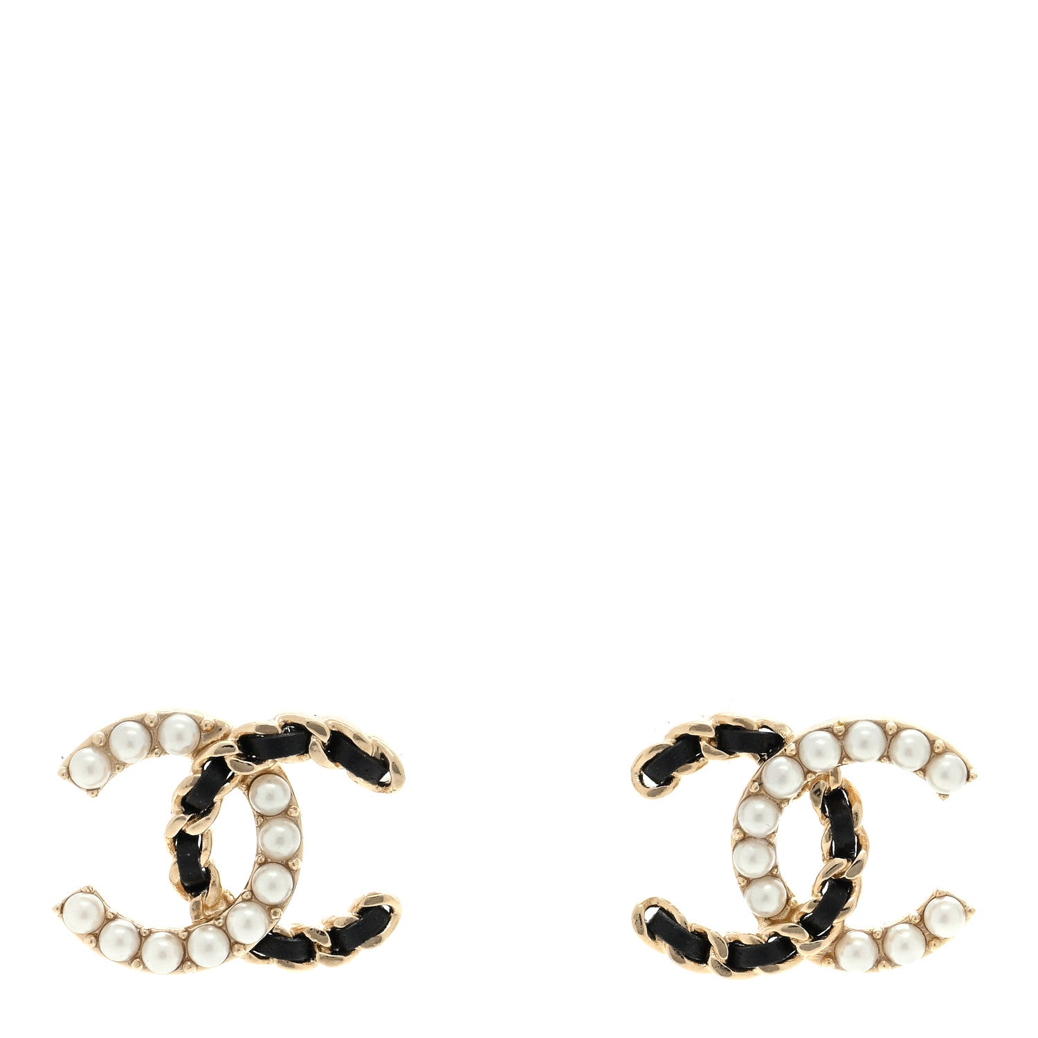 Chanel Pearl Lambskin Chain CC Stud Earrings Gold Black 1 of 4