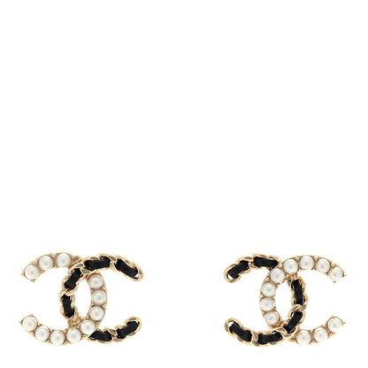 Chanel Pearl Lambskin Chain CC Stud Earrings Gold Black 1 of 4