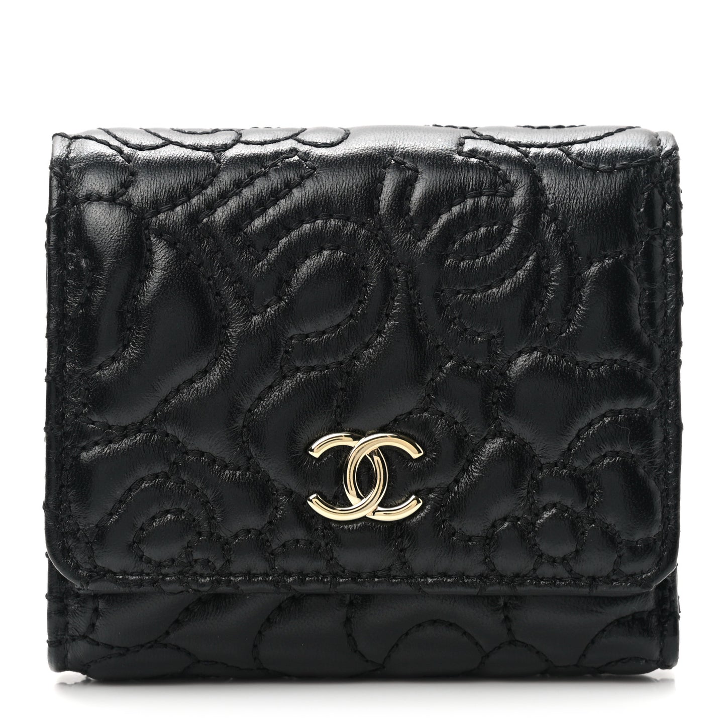 Lambskin Camellia Embossed Small Wallet Black
