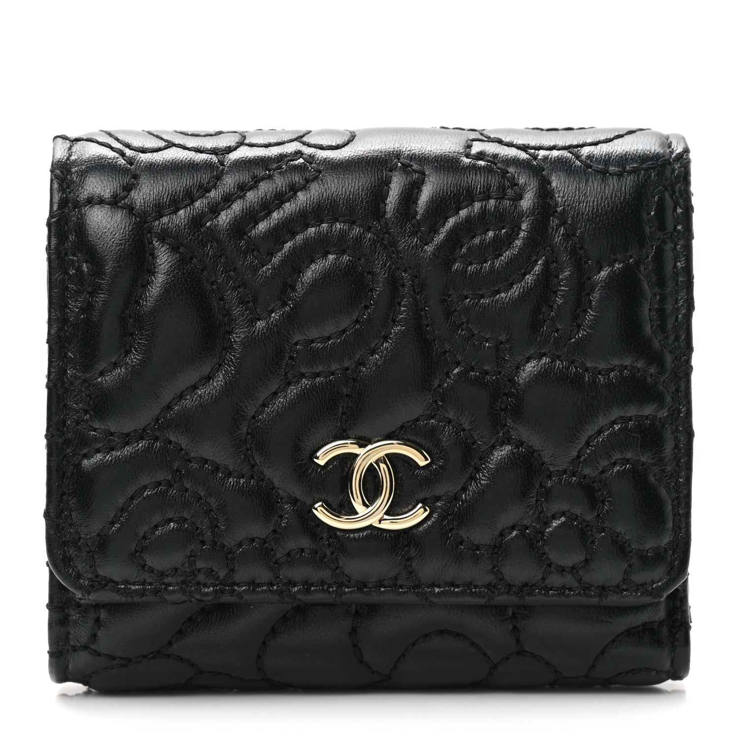 Chanel Lambskin Camellia Embossed Small Wallet Black 1 of 8