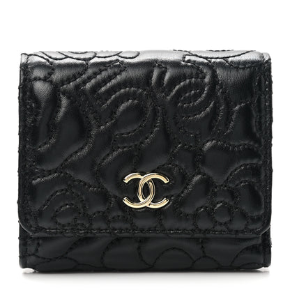 Chanel Lambskin Camellia Embossed Small Wallet Black 1 of 8