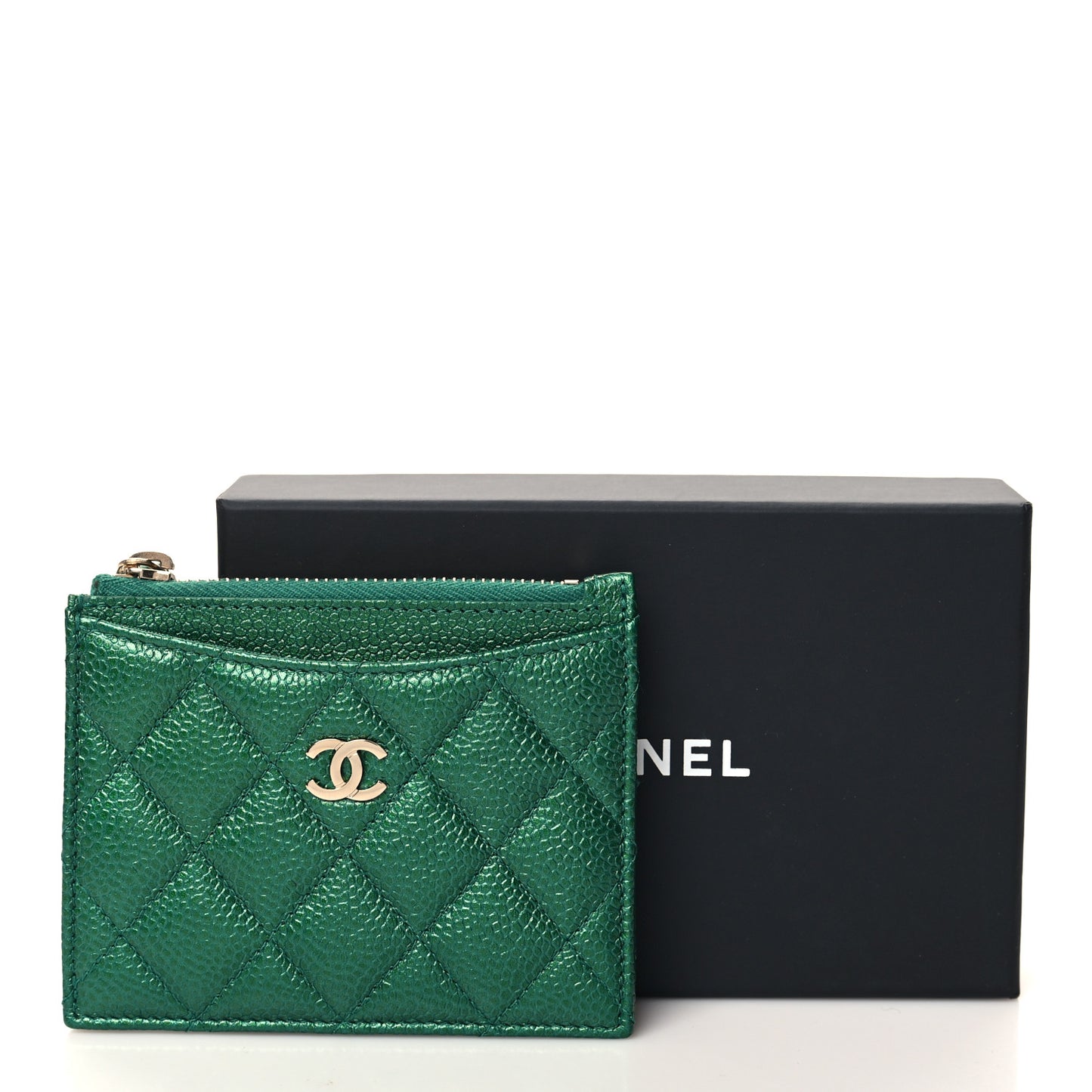 Metallic Caviar Quilted CC Zip Card Holder Green