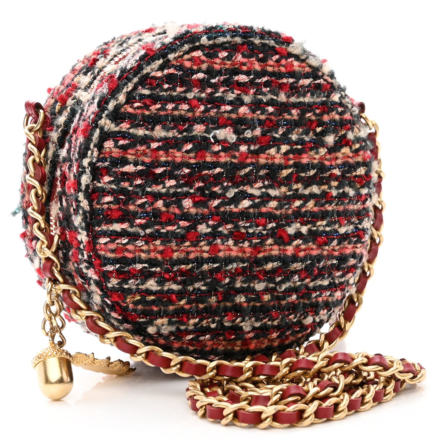Tweed Quilted Round Clutch With Chain Red