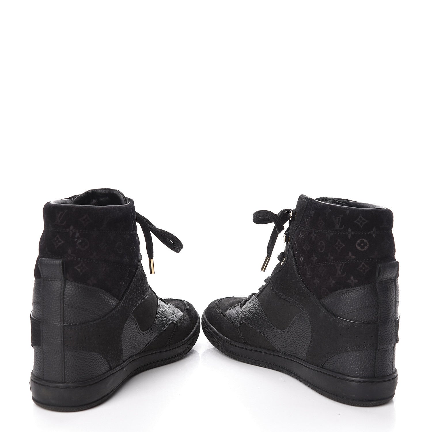 Louis Vuitton Calfskin Suede Monogram Cliff Top Wedge Sneakers 38 Black 5 of 10