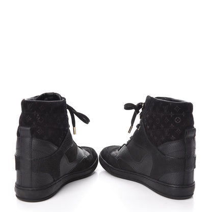 Louis Vuitton Calfskin Suede Monogram Cliff Top Wedge Sneakers 38 Black 5 of 10