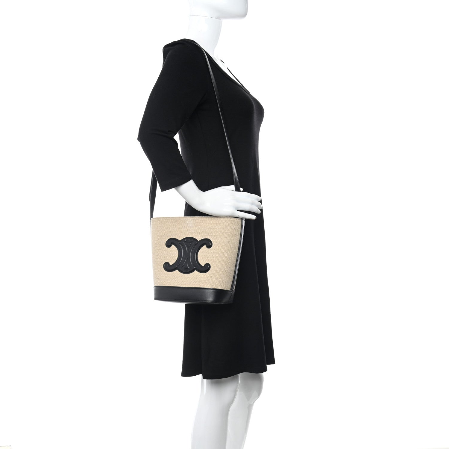 Celine Canvas Calfskin Triomphe Small Bucket Bag Vanilla Black 2 of 9