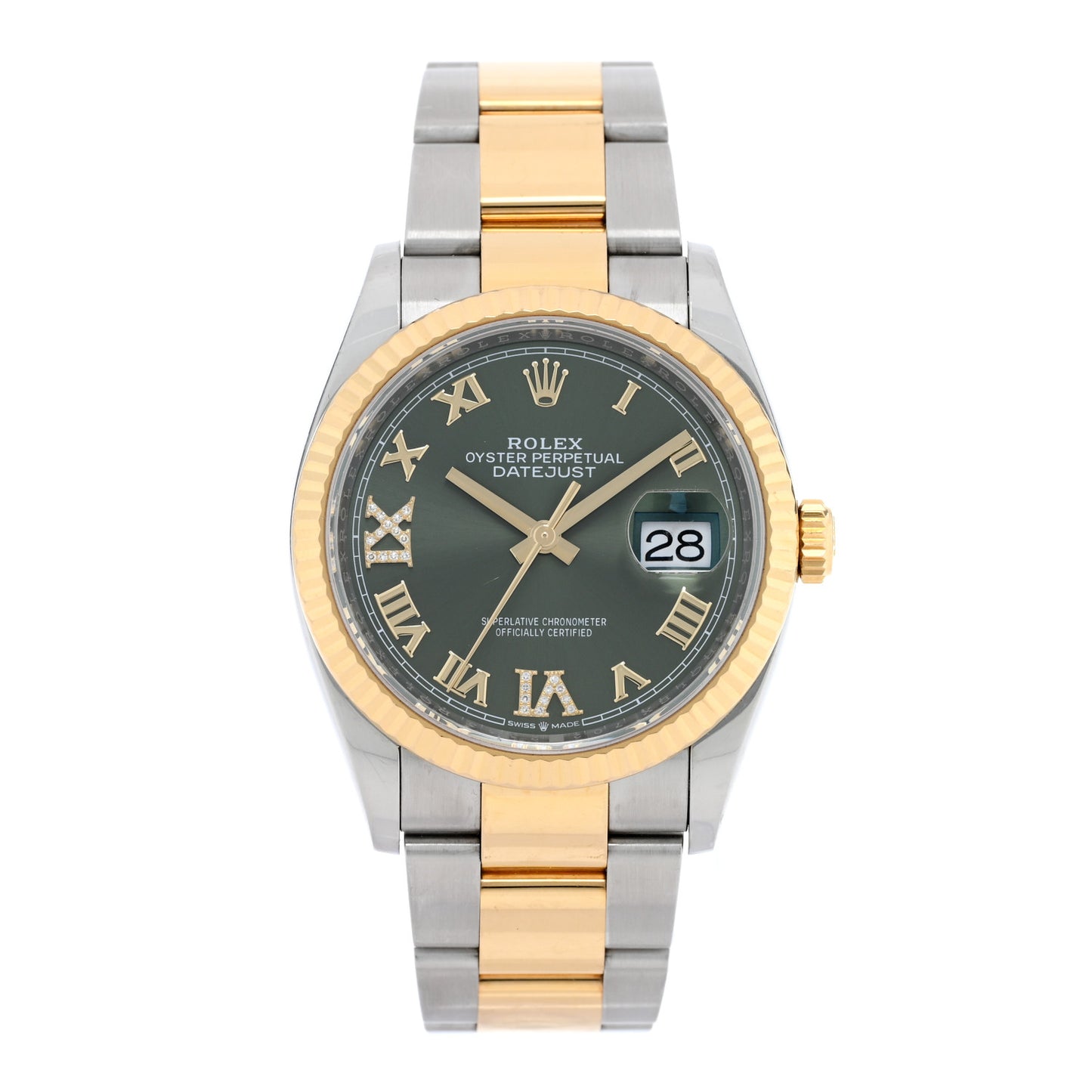 Stainless Steel 18K Yellow Gold Diamond 36mm Oyster Perpetual Datejust Watch Olive Green Roman 126233