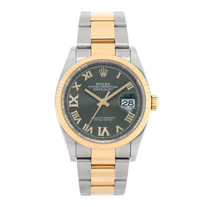 Rolex Stainless Steel 18K Yellow Gold Diamond 36mm Oyster Perpetual Datejust Watch Olive Green Roman 126233 1 of 5