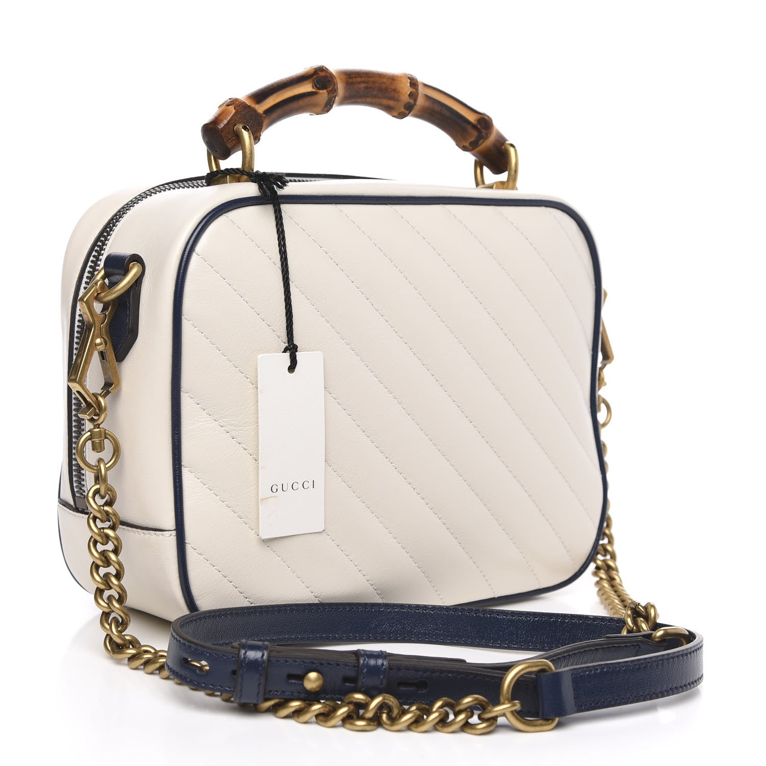 Gucci Vintage Effect Calfskin Matelasse Diagonal Small Torchon GG Marmont Bamboo Top Handle Shoulder Bag Mystic White Blue Agata 3 of 11