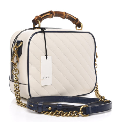 Gucci Vintage Effect Calfskin Matelasse Diagonal Small Torchon GG Marmont Bamboo Top Handle Shoulder Bag Mystic White Blue Agata 3 of 11