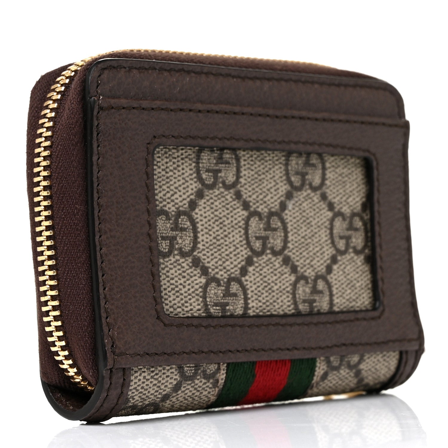 Gucci GG Supreme Monogram Textured Dollar Calfskin Web Ophidia Zip Around Card Case Wallet Beige Ebony New Acero 3 of 9