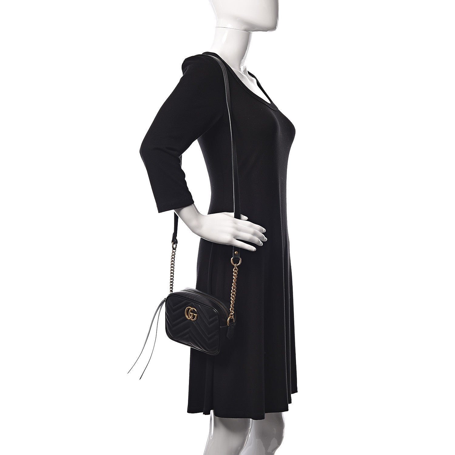 Gucci Calfskin Matelasse Mini GG Marmont Chain Shoulder Bag Black 3 of 12