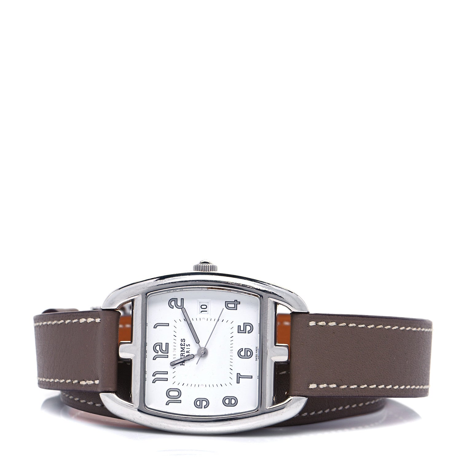 Hermes Stainless Steel Swift 33mm Cape Cod Tonneau Double Tour Quartz Watch Etoupe 2 of 5