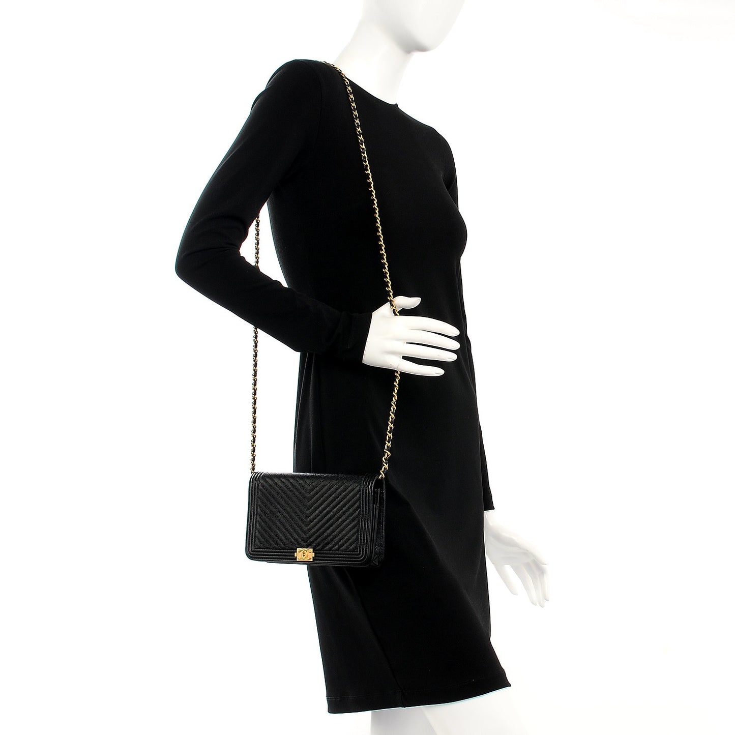 Caviar Chevron Quilted Boy Wallet On Chain WOC Black